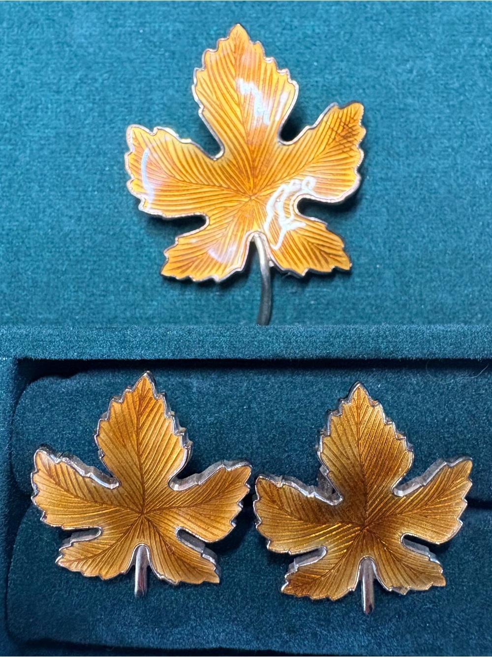Mid Century Vintage Maple Leaf Enamel Pin Set - Gold Leaf Accent, Clip Earrings